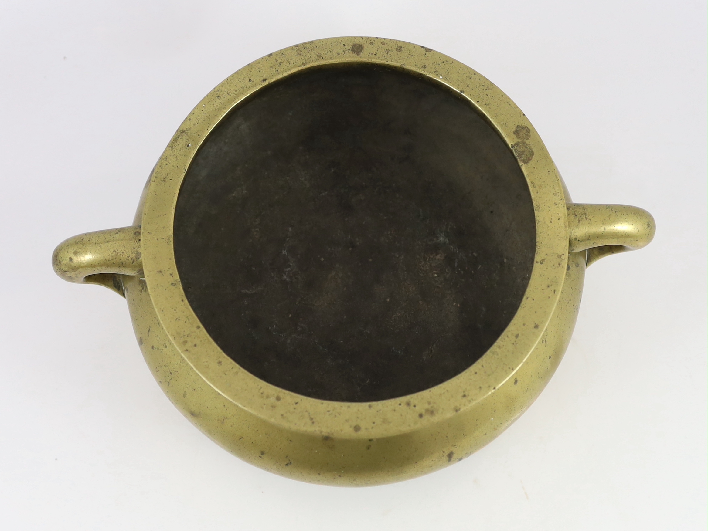 A large Chinese polished bronze censer and stand, gui, Xuande mark, 18th century